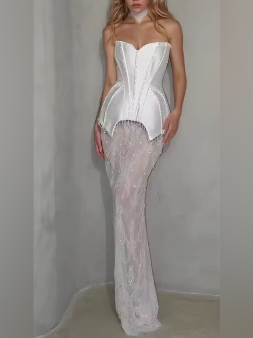 NEW $589 Evelina Strapless White Corset & Sheer Embellished Evening Skirt Set